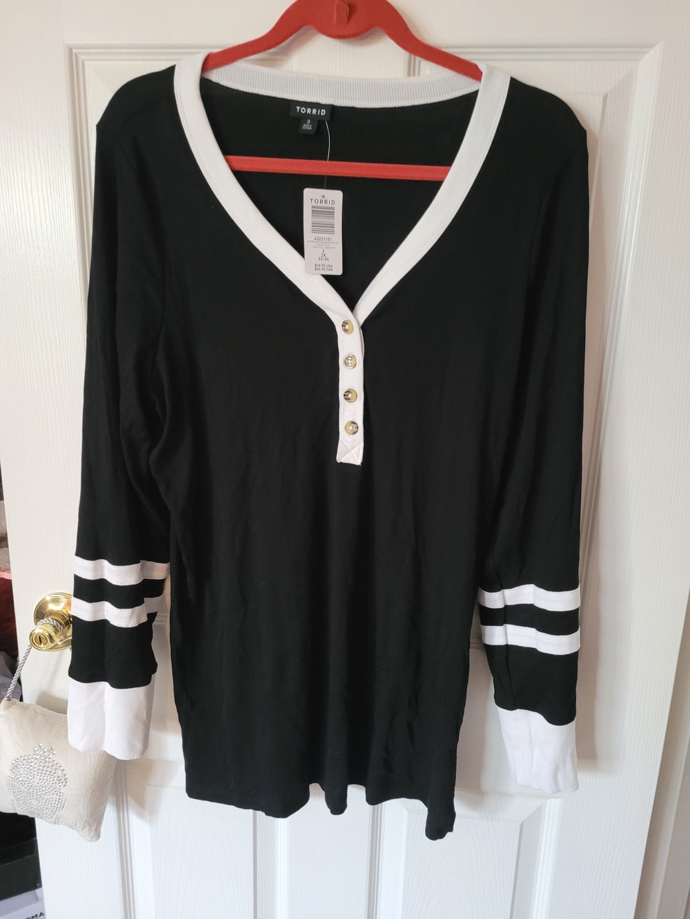 torrid Black and White V-Neck Henley with Stripe Sleeve Detail